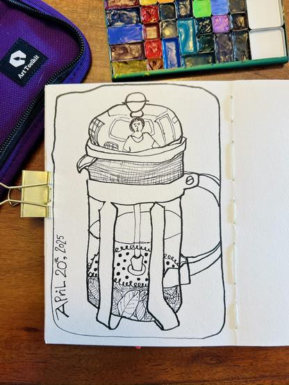 Pen and ink drawing of a french press, with tea leaves at the bottom and a reflection of the room behind me drawn into the lid, outline of my shape and a doorway on either side. The lines are made with a bent-tip fude pen and so are thick and thin and wonky, hopefully in a fun way. The date on the side says April 20th, 2025.