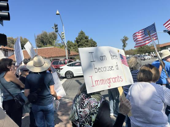 Protest with flags and people and prominently a sign reading “I am here because of immigrants” with an American flag