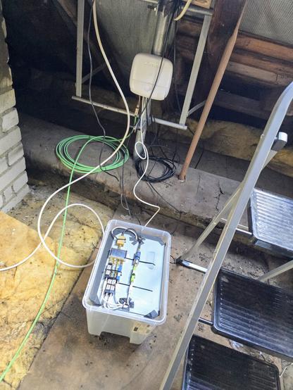 Foto auf einem Dachboden, rechts steht eine metallklappleiter, links eine Ikea Box, in die HF Antennen verteiltechnik eingebaut ist wie Hintergrund verschiedenfarbige LAN und Netzwerkkabel und Netzwerkswitch an einer Mastfußbefestigung