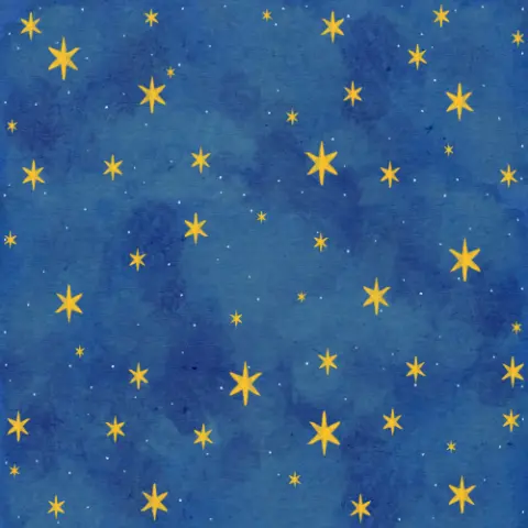 Digital illustration of tiny six-pointed yellow stars scattered all over a textured blue background.