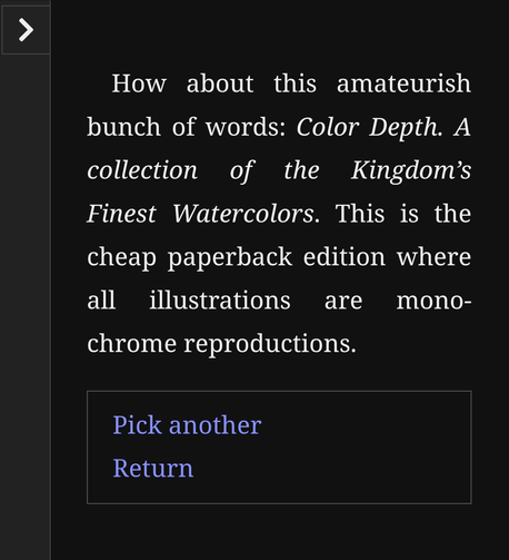 How about this amateurish bunch of words: Color Depth. A collection of the Kingdom's Finest Watercolors. This is the cheap paperback edition where all Ilustrations are monochrome reproductions.
