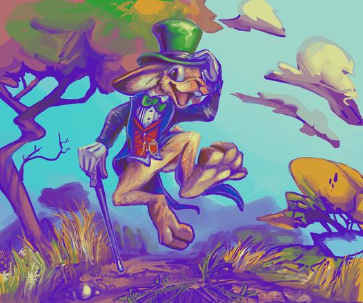 jolly, dorkily hopping rabbit person wearing a large green top hat and a bow tie in front of a vague nature-type scene