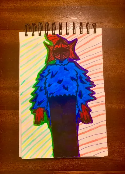 Hand drawn Fanart of Pongorna from the videogame Hylics with a background with lines