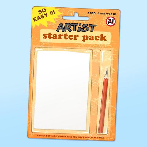 An artist "starter pack". It contains a pencil and some blank paper, and has mentions like "So easy!!", "ages: 2 and way up", and "eraser not included because you don't need it to start!" as well as a "AI forbidden" logo.