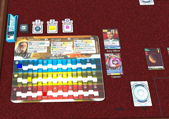 Tabletop simulator screenshot of the Koloth Advanced board in Star Trek: Captain's Chair, with the Koloth captain card next to it. Koloth has only advanced his red track a little ways and not much else.