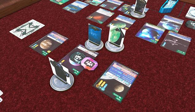 Tabletop simulator screenshot of a neutral zone full of ships and away teams on neutral locations midgame in Star Trek Captain's Chair.