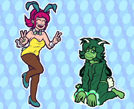 Drawing of my OCs; Tina Katrina and Reigi wearing bunny suits. Tina is wearing a yellow bunny girl outfit and giving peace signs, while Reigi is wearing a bunny onesie. Reigi is on the ground while Tina is striking a cheerful pose.