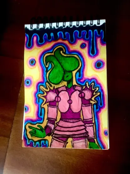 Hand drawn fanart of Pongorna from the videogame Hylics with a background that imitates a dripping liquid