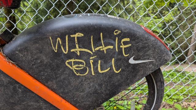 The words Willie Bill written on the rear fender of a BikeTown Bike on Mt. Tabor in Portland Oregon.
