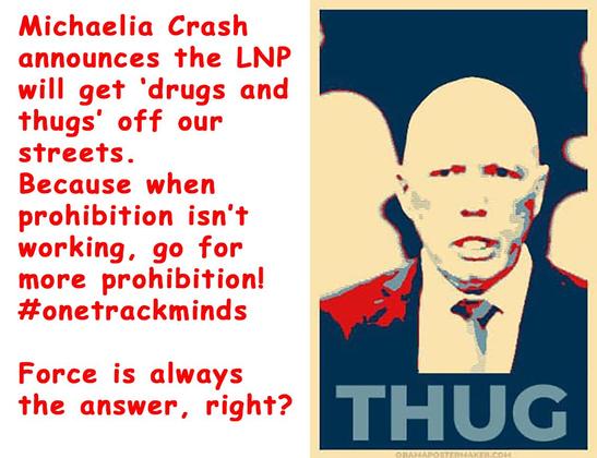 A graphic of Peter Dutton captioned 'thug'.