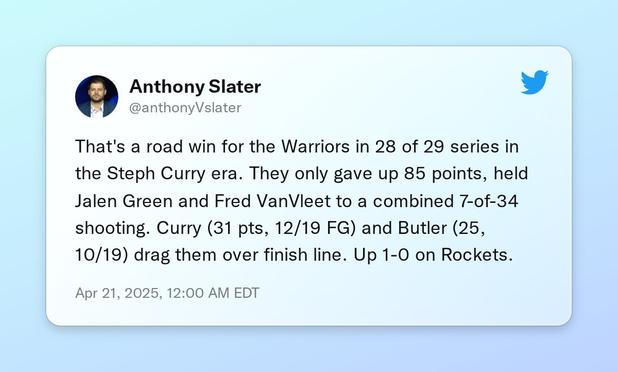 That's a road win for the Warriors in 28 of 29 series in the Steph Curry era. They only gave up 85 points, held Jalen Green and Fred VanVleet to a combined 7-of-34 shooting. Curry (31 pts, 12/19 FG) and Butler (25, 10/19) drag them over finish line. Up 1-0 on Rockets.