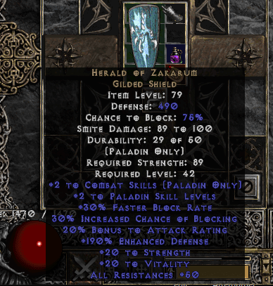 Herald of Zakarum shield, blue with a dragon claw and lightning bolt on it, in a Horadric Cube, in the game Diablo 2.