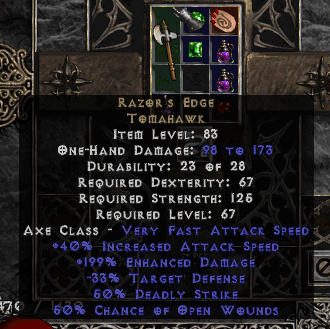 A Razor's Edge tomahawk weapon, in a Horadric Cube, in the game Diablo 2.