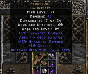Frostburn gauntlets, copper-colored metal gloves, inside a Horadric Cube in the game Diablo 2.