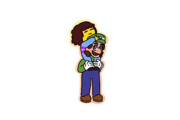 Drawing of Luigi from the Mario Bros Games piggybacking the human child from Undertale. Luigi has a green cap with an L on it, blue eyes, green shirt, blue jean overalls, semi-long brown hair and a brown mustache. Also a very very double very big nose. The human child has yellow skin, a never stopping poker face with eyes seemingly closed, semi-long brown hair and an onesie blue with purple stripes.

Seeing these two people that have nothing alike becoming friends, it fills you with determination.