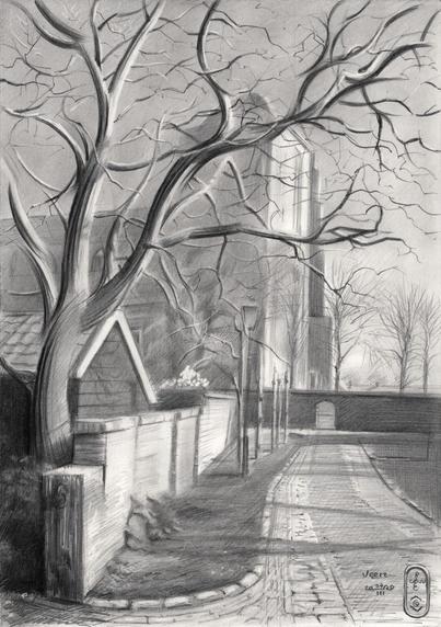 Typical Zeeland

This graphite pencil drawing ‘Veere – 24-03-20’ is the third I drew of this place. I delved into some pictures of tours I took last yea. Then I found one appealing picture of the Grote Kerk at Veere, Zeeland, Netherlands. Too early for trees to show leafs really. However, the light already brings the promise of Spring. I kept the drawing rather sketchy, especially in the background. By that I managed to keep the Grote Kerk towering over Veere rather airy. Consequently the bare tree in the foreground contrasts the church more than in my graphite pencil drawing Rijswijk – 04-12-15. The latter was meant to create a rhythym of straight and curved lines entwined with lesser need to suggest depth. This one needed more though. Both drawings show the branches with a touch of roundism styling. On the other hand the cobblestones turned out rather impressionistic for some reason.

Strange Days Indeed

These unusual Corona times cause people to search for new ways to keep their minds busy. Some told me they binge watch or take virtual tours online, others turn to books still waiting for them. As an artist I just turn to what I do best for all these years: drawing and painting. Surely I feel blessed that what I usually do (creating) still is the core business I can continue. Selling art is a different story though. I hope there will still be a market for my works of art in times of lockdowns and fear for the pandemic.