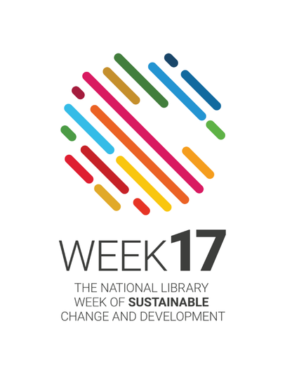 A logo in the shape of a sphere or globe made up of minimalistic lines in various colours. Text underneath "Week17 - The national library week of sustainable change and development"
