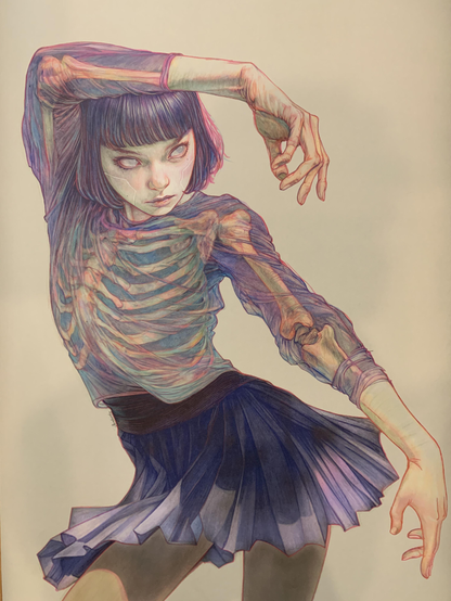 A drawing of a young lady posing, wearing a seemingly transparent shirt, and underneath it you can see her bones.
