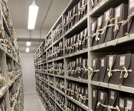 Magasin d'archives avec des boites cauchard de conservation sur les étagères