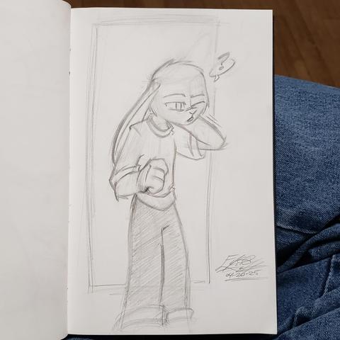 Photo of my sketchbook. On the page is a pencil sketch of a sleepy Bunny Boy. They're sporting a pair of pajama pants and a t-shirt and look a bit dazed. They don't yet seem to notice their newly fluffy physique but they definitely know something's different as they rub their neck with a big ol' Monster Mitt of a furry hand.