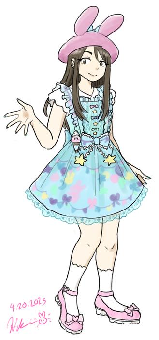 long brown haired woman wearing pink beret with bunny ears and a light blue sweet lolita jsk. She is wearing pink strapped mary janes with ribbons at the toe