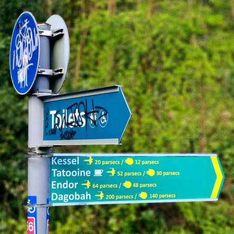 A sign mimicking the usual distance signs on Glasgow footpaths, but giving distances to places mentioned in Star Wars.