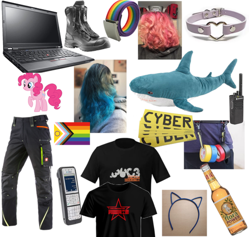 Kollage aus chaostypischen Objekten (Thinkpad, Haix Stiefel, Regenbogenmustergürtel, bunt gefärbte Haare, Blahaj, Choker, CYBER-Sticker, Engel-Shirts, Engelbert Strauss Hose, Mitel DECT, Funkgerät, Mate, Tape-Rollen)