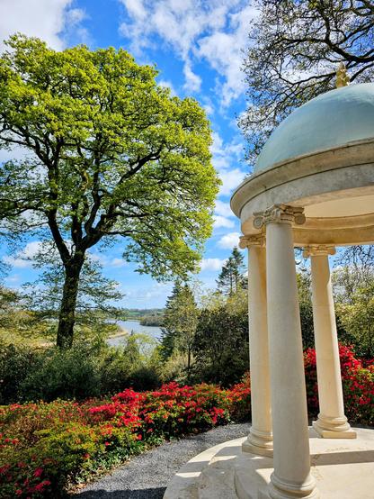 A view of a classical-style gazebo with pale columns and a domed roof, surrounded by vibrant red and pink azalea bushes and lush green trees. In the background, a glimpse of a calm river can be seen under a partly cloudy blue sky. A gravel path leads towards the flowers and gazebo.