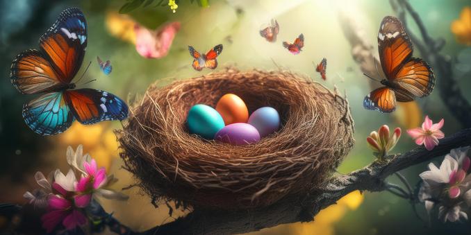 Ein Osternest, auf einem Zweig, mit 4 bunten Eiern. Das Osternest ist von bunten Blüten und Schmetterlingen umgeben.