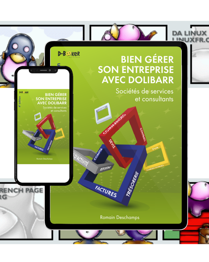couverture du livre sur tablette et smartphone sur fond d'imagettes de LinuxFR.