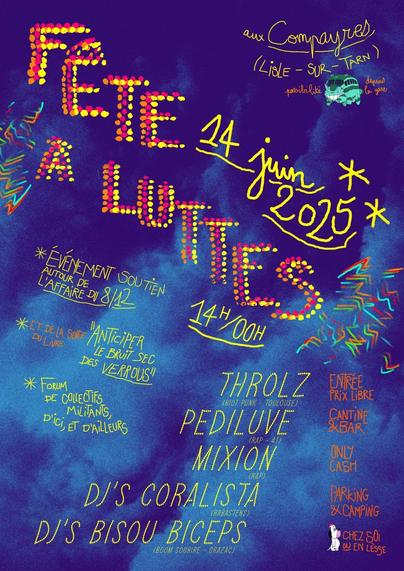 Fête à Luttes 14 juin 2025. Affiche festive sur fond de nuages bleus.