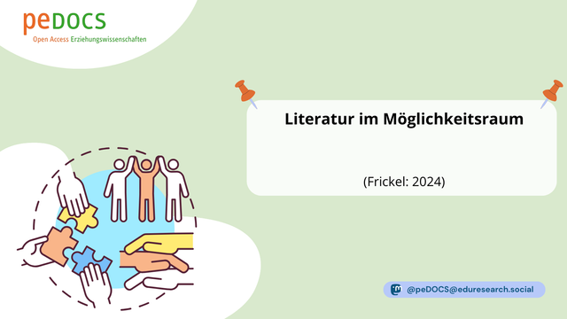 Grafik von peDOCS mit hellgrünem Hintergrund. Oben links das peDOCS-Logo mit dem Untertitel „Open Access Erziehungswissenschaften“. In der Mitte rechts ein weißes Textfeld mit orangen Pinnnadeln, das den Titel „Literatur im Möglichkeitsraum“ sowie den Hinweis „(Frickel: 2024)“ enthält. Unten links eine Illustration: Verschiedene Hände reichen sich symbolisch Puzzleteile, daneben stehen stilisierte Menschenfiguren, die sich jubelnd an den Händen halten – ein Symbol für Kooperation, Teilhabe und Vielfalt. Unten rechts das Mastodon-Handle „@peDOCS@eduresearch.social“.