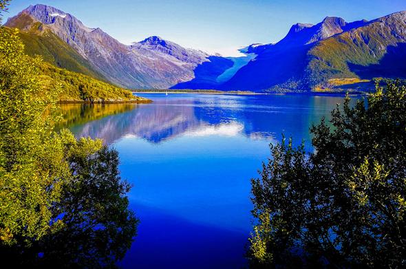 Photo shows a fiord surrounded by mountains. On top of the central one there is a white rom representing a large glacier. An arm of the glacier is stretching down the mountainside towards the water. On the salt water just beside where the glacier arm is stretching there is a small sailboat. The photo is taken from a point framed by trees. The fiord is deep cold blue. The sky is lightly clouded blue. The colours in the mountain are colourful as the fall colours are emerging in the trees and bushes.