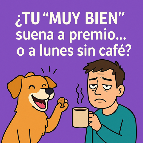 Un perro sonriente sostiene una chuche con alegría, mientras un humano con cara de sueño sostiene una taza de café. Sobre ellos se lee: '¿Tu “MUY BIEN” suena a premio... o a lunes sin café?' sobre fondo morado.