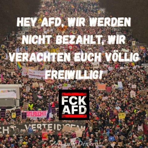 HEY AFD, WIR WERDEN NICHT BEZAHLT, WIR VERACHTEN EUCH VOLLIG FREIWILLIG
Geschrieben über dem Photo einer gegen rechts demonstrierenden Menschenmenge