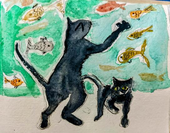 Cat jumping for fish in a tank and kitten running towards viewer
