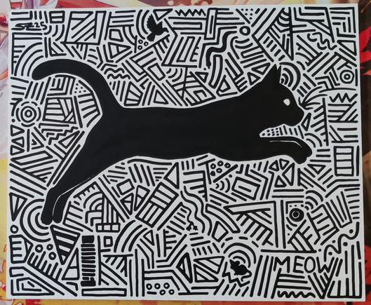 Silhouette of a jumping cat surrounded by random shapes and lines