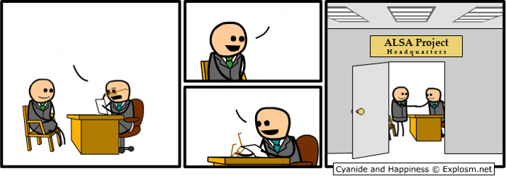Comic. Einstellungsinterview. Leere Sprechblasen. Letztes Bild, geben sich Arbeitgeber und Arbeitnehmer die Hand. Über der Tür steht "ALSA Project Headquarters"