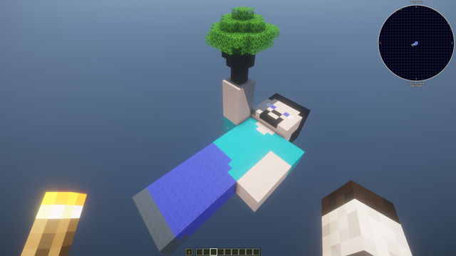 A large modded skyblock pack spawn island. However rather than the usual small block of dirt and a tree or a sapling I have a "Steve" character build lying on  his back holding a tree in his right hand.