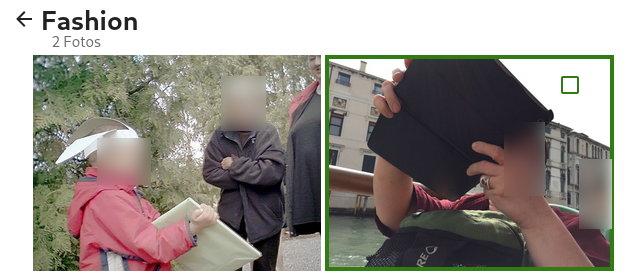 Die beiden Fotos, die unter "Fashion" einsortiert wurden: Jeweils zwei Personen in Alltagssituationen. Links Kind+Frau in einer generischen Szene; rechts Frau+Kind auf einem Boot mit Rucksack und Tablet-Hülle.