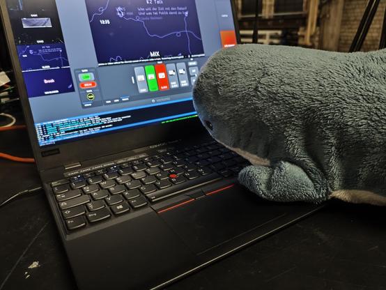 Bob the Blahaj sitting on front of a Voctomix Laptop.