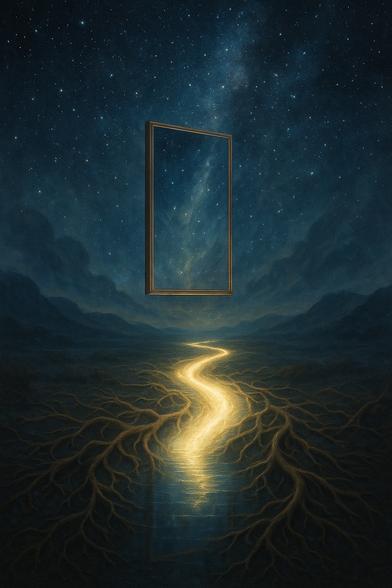 „Der Spiegelpfad“ – eine Traumsequenz

Ein leuchtender Pfad aus goldenem Licht schlängelt sich durch eine nächtliche Landschaft, als würde er aus der Tiefe selbst geboren. Seine Wurzeln verzweigen sich wie Adern des Bewusstseins, eingebettet in einen stillen Strom, der die Dunkelheit sanft berührt. Am Horizont erhebt sich ein schwebender Spiegelrahmen – leer und doch erfüllt vom Licht des Sternenhimmels, der sich darin unendlich fortsetzt.

Der Spiegel hängt frei, ohne Halterung, wie eine Schwelle zwischen Welten. Er zeigt nicht das Vergangene, sondern das Kommende – als ob die Sterne selbst durch ihn blicken. Der Himmel ist tief und offen, durchzogen von der Milchstraße, die sich wie Erinnerung ausbreitet.

Hier gilt keine Moral – nur Wahrhaftigkeit. Der Pfad entsteht durch das Gehen, nicht durch Vorschriften. Der Spiegel urteilt nicht – er erinnert. 🖖