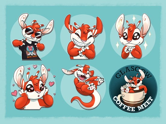 A set of 6 telegram stickers of a red and white, Stitch-like alien creature. They show him wearing sunglasses and pointing to his Made by Medusa 'send noods' T-shirt, rubbing his hands together and grinning evilly, excited with sparkling eyes, heart-eyed, laughing, and sat in a coffee cup and waving, with 'Glasgow coffee meet' written around him.