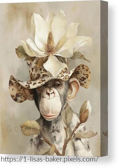 An art print of a monkey wearing a leopard print hart with a large magnolia flower on it. Art by Lisa S Baker.