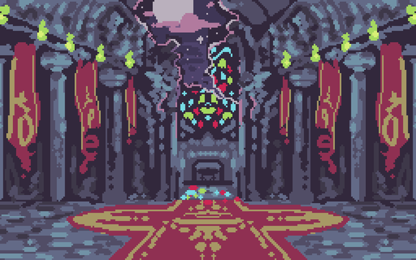 A landscape sketch of the interior of a cathedral, with a red carpet visible in the center leading to an altar with a large stained glass window. The cathedral is partially destroyed, with a hole emcompassing the stained glass window and visible fragments laying around the altar. The night sky with a full moon can be seen outside. The cathedral also has decrepit red banners hanging along the sides, with green flames lighting the interior.