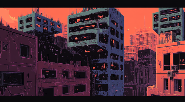 Structures Suspendues.
Ville dystopique en pixel art, aux immeubles massifs et suspendus, baignée dans un ciel rouge éclatant aux accents rétrofuturistes.
Pixel art dystopian city with massive, suspended buildings, bathed in a bright red sky with retro-futuristic tones.