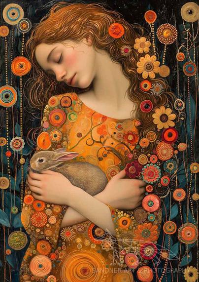 A dreamy, artistic portrait of a young woman with flowing auburn hair, wearing an intricately patterned golden dress adorned with floral motifs. She gently cradles a small rabbit in her arms, her eyes closed in peaceful serenity. The background is dark with swirling ornamental details, enhancing the warm, ethereal glow of the scene.