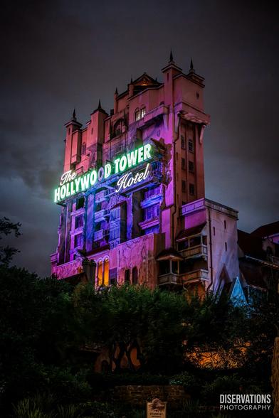 Tower of Terror set against a cloudy night sky