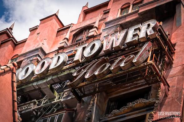A closeup of the Tower of Terror sign