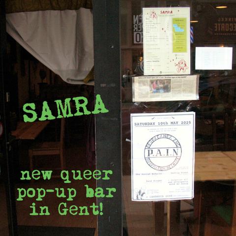 View from the street at the window and open door of the queer bar. Poster for punk show, newspaper article, and menu on the window. Curtain next to the door. Text: Samra, new queer pop-up bar in Gent.